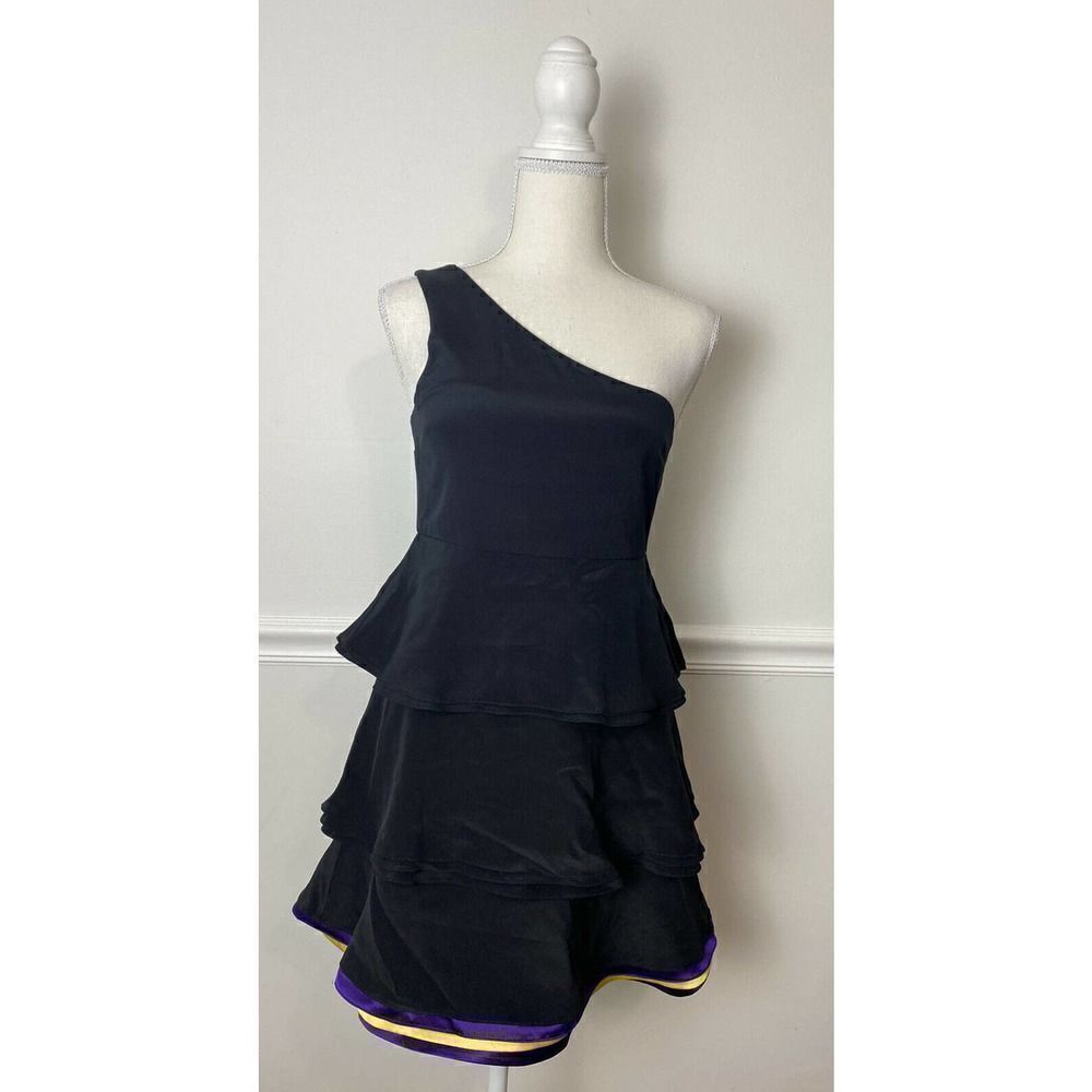 Alice And Olivia Dress Sz Small‎ Black Silk One Shoulder Ruffle Hem Y2k LBD